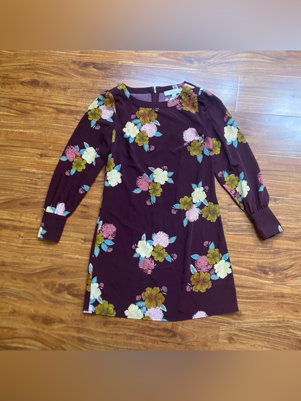 LOFT Womens Burgundy Floral Long Sleeve Shift Dress Size 00P Classic Cottagecore